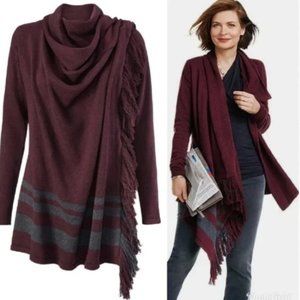 CAbi Burgundy and Gray Fringe Cardigan